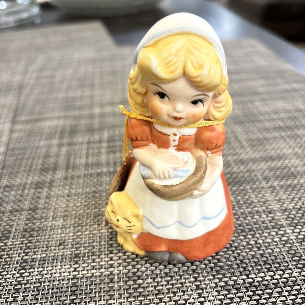 Vintage Jasco Girl With Cat Figurine Bisque Porcelain Bell 1978 4” Adorabelles